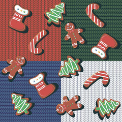 Seamless pattern. Christmas gingerbread cookies on a knitted background. Checkered wool blanket. Patchwork. Christmas treat. Festive background. Vector.