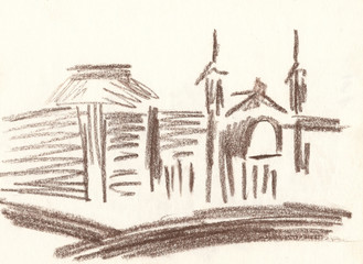 drawing of the city with brown pencil, city sketches, city landscape, houses, monument, quick sketch