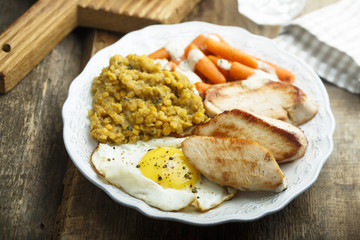 Fried turkey with lentils, egg and baby carrot