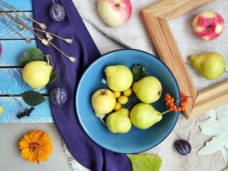 Bright colorful fruits, flowers and leaves on the surface of different textures, seasonal decorative composition, autumn, top view