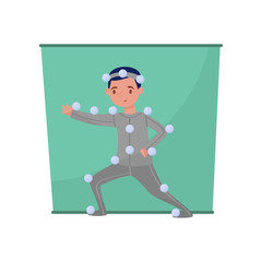 Fototapeta premium Man in special costume over green screen. Young guy posing on chroma key backdrop. Film production theme. Flat vector design