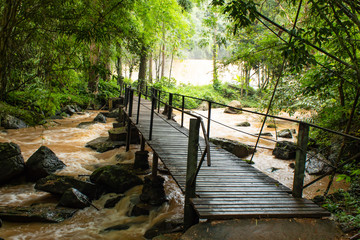 Wooden bridge crossing the Brook at Si Dit waterfall , Phetchabun in Thailand.