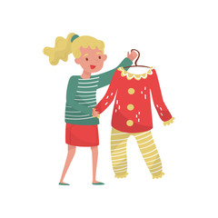 Professional costume designer. Young smiling woman holding suit for actor. Member of film crew. Flat vector design
