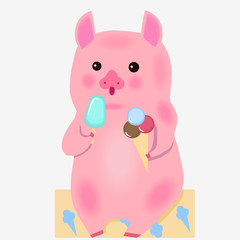 Pig and ice cream. Pig and summer on white background. Vector illustration.