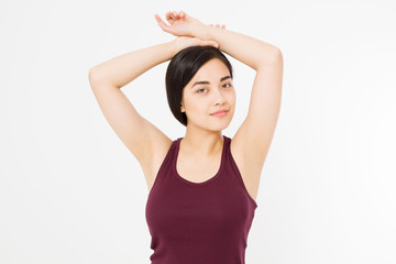 Fototapeta na wymiar Skin care and perfect armpit concept. Young asian woman isolated on white background in summer shirt. Copy space.