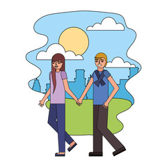 couple parents holding hands walking in the park city