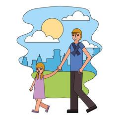 father holding hand her daughter walking together in the park city