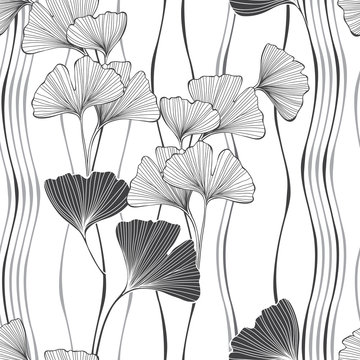 Seamless monochrome floral pattern with leaves of gingo biloba. Vector  illustration on white background .