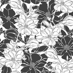 Seamless pattern with magnolia branches on a white background. Monochrome vector illustration.