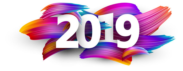 2019 new year festive background with colorful brush strokes. - obrazy, fototapety, plakaty