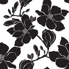 Seamless pattern with magnolia branches on a white background. Monochrome vector illustration. Silhouettes. © maritime_m