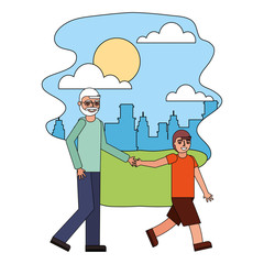 grandfather holding hand grandson walking