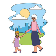 grandmother holding hand granddaughter walking