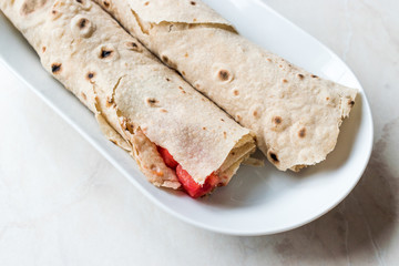 Turkish Fast Food Wrap Gozleme with Tomatoes and Cheese