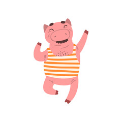 Funny male pig having fun, farm animal cartoon character jumping vector Illustration on a white background