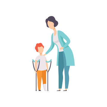 Therapist working with little boy with fracture of leg, recovery after trauma, medical rehabilitation, physical therapy activity vector Illustration