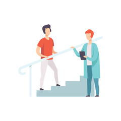 Therapist working with male patient climbing the stairs, medical rehabilitation, physical therapy activity vector Illustration