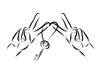 Hands showing a sign of victory and a key with a heart