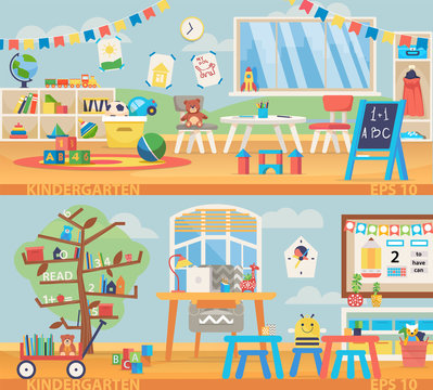 Back to school banner illustration. Kindergarten education interior. Learning and study place horizontal back banner.