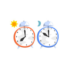 Alarm clocks, day and night concept vector Illustration on a white background