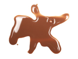 Spilled chocolate milk puddle isolated on white background, top view