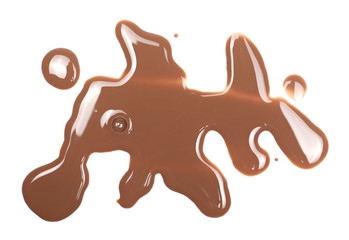 Spilled chocolate milk puddle isolated on white background, top view