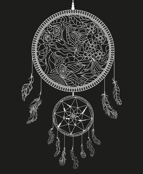 Dreamcatcher. Hand drawn mystic symbol. Zentangle. Zen art. Design for spiritual relaxation for adults. Line art creation. Black and white illustration for coloring