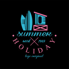 Obraz premium Surfing holiday logo original estd 1969, design element can be used for surf club, shop, t shirt print, emblem, badge, label, flyer, banner, poster vector Illustration