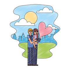 cute couple with heart in landscape