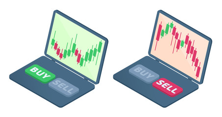 The laptop with stock quote candlestick graphs on the screen. The drop and the growth in the shares trends. The trader's computer, selling, buying buttons. Business flat isometric concept illustration