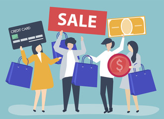 Characters of people holding shopping icons illustration