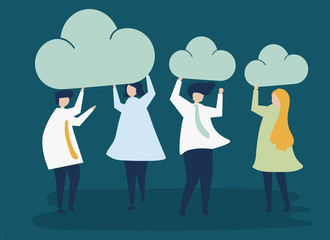 Characters of business people holding cloud icons illustration