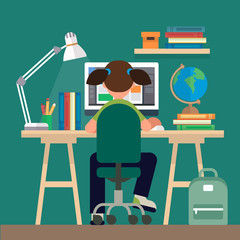Student sitting at the desk, learning with computer. Concept illustration in flat style, online learning, education, office work, school or university
