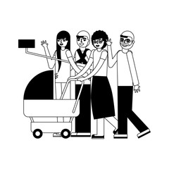 cute family with baby cart and pole selfie