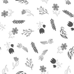 Hand Drawn pattern with summer flowers and herbs vintage Hohloma floral elements. Blue Yellow on white