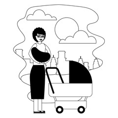 cute grandmother with baby cart in landscape