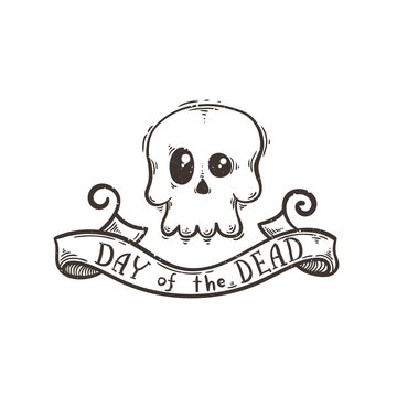 Illustration with the Day of the Dead lettering and skull.