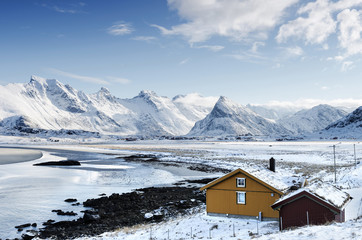 A view of Ytresand bay, Sandbotnen looking towards Fredvang village on the Lofoten islands, Norway