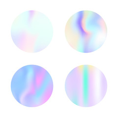Gradient mesh abstract backgrounds set. Colorful holographic backdrop with gradient mesh. 90s, 80s retro style. Iridescent graphic template for brochure, flyer, poster, wallpaper, mobile screen.