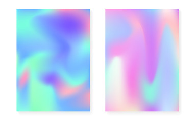 Hologram gradient background set with holographic cover. 90s, 80s retro style. Iridescent graphic template for placard, presentation, banner, brochure. Vibrant minimal hologram gradient.