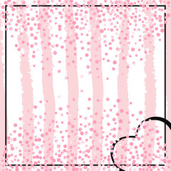 Pink glitter dots confetti on white stripes. Shiny random falling sequins with sparkles. Design with pink glitter dots for party invitation, banner, greeting card, bridal shower.