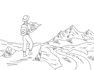 Traveler looks at the map. Mountain river graphic black white landscape sketch illustration vector