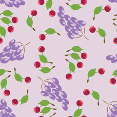 Grapes and cherries. Harvest. Seamless pattern on lilac background. Design for textiles, tapestries, packaging, bags, purse, baby products.