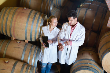 Obraz na płótnie Canvas Specialists checking ageing process of wine
