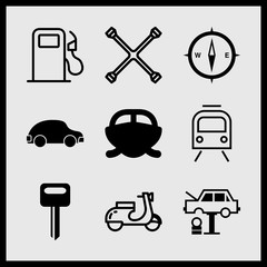 Simple 9 icon set of car related car black rounded shape side view, round compass, cross wrench and gas pump vector icons. Collection Illustration