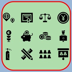 Simple 12 icon set of business related piggy bank, ruler, growth and student vector icons. Collection Illustration