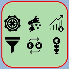 Simple 6 icon set of business related target, exchange, profits and megaphone vector icons. Collection Illustration