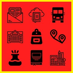 Simple 9 icon set of edication related flask, school, book and backpack vector icons. Collection Illustration