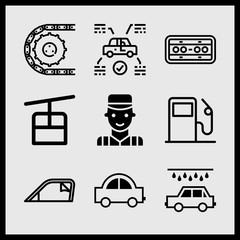 Simple 9 icon set of car related cable car, car, car parts and car wash vector icons. Collection Illustration