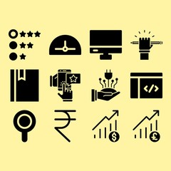 Magnifier, rupee and computer related premium icon set